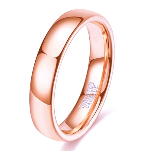 VQYSKO Aliança de casamento de tungstênio para mulheres | Aliança de casamento de tungstênio abobadada em ouro rosa de 4 mm para mulheres, ajuste confortável de alto polimento | Tamanho 5, carboneto