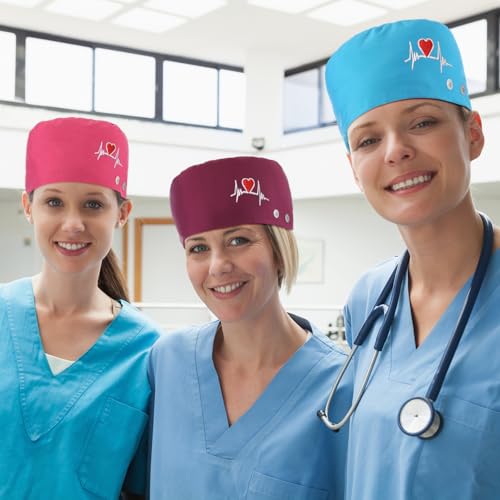 Image of 8 Pcs Satin Lined Scrub Caps, Nurse Hats with Buttons Sweatband, Adjustable Ponytail Surgical Caps for Women