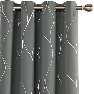 Deconovo Silver Wave Foil Print Blackout Curtains Grommet Light Blocking Curtain Room Darkening
