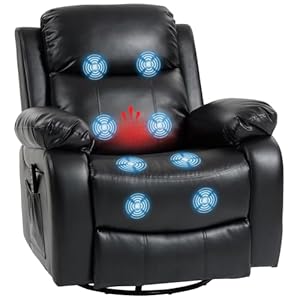 HOMCOM Relaxsessel mit Massagefunktion, Elektrischer Fernsehsessel mit 8 Vibrationspunkten, Heizfunktion, Wippfunktion, Drehbarer Liegesessel mit Fernbedienung und Seitentasche, Kunstleder, Schwarz