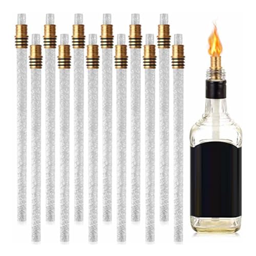 10 Set Wine Bottle Torch Wicks Kit, 13.8x0.5in Fiberglass Replacement Wicks with 1.36x0.67in Brass Torch Wick Holders for Indoor Outdoor Torches Patio Lighting Garden Lights Decor