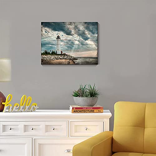 Lighthouse Wall Art Coastal Teal Picture Ocean Seascape Canvas Prints Landscape Beach Turquoise Blue Nature Paintings Bathroom Living Room Bedroom Skyline Nautical Scenery Artwork 12X16 Inches #TOP5