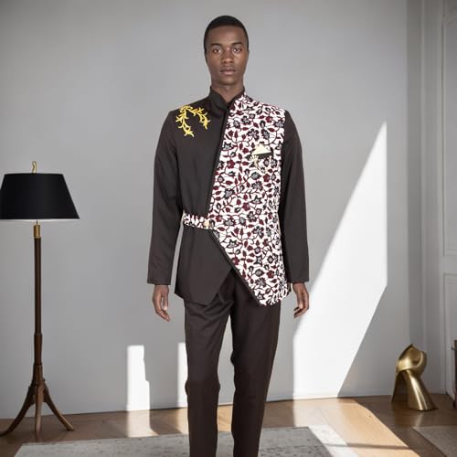 Men's 2 Piece Suit One Button Slim Fit Embroidery Print Blazer Pants Set African Clothes with Brooch3