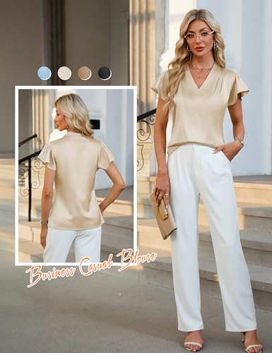 Blooming Jelly Womens Silk Dressy Casual Business Blouse Ruffle Sleeve Tops Summer V Neck Pleated Work Shirts4