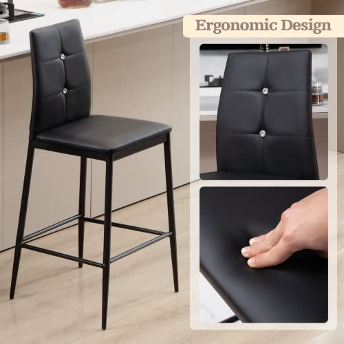 Black Bar Stools Set Of 2 - Faux Leather Barstools, 26 Inch Counter Height Bar Stool, Modern Bar Chairs With Back, Kitchen Island Chairs, Upholstered Bar Stools For Kitchen Counter, Easy Assembly #TOP3