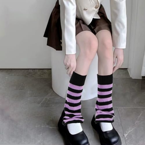 Image of Black and Purple Striped Leg Warmers for Women Girls,Y2K Leg Warmer Harajuku Fashion Knitted Leg Warmers Lolita Socks Kawaii 80s Party Accessories