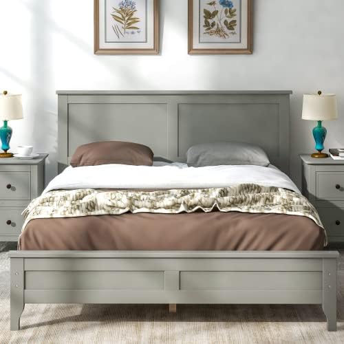 Miniatura 29 de Base de cama de tamaño matrimonial con cabecero y estribo, cama de plataforma de madera maciza blanca de estilo conciso moderno para niños,