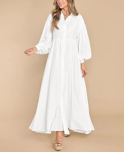 Image of chouyatou Women's Casual Long Sleeve Button Down Shirt Dress Elegant Pleated Flowy Swing Maxi Dress