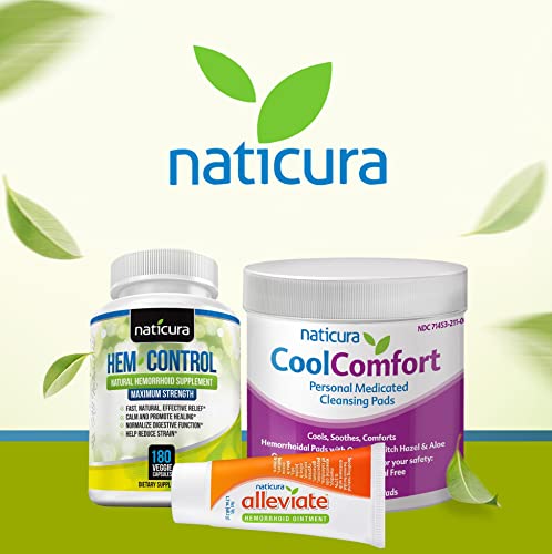 Naticura Bundle - Alleviate Natural Hemorrhoid Relief Ointment, Hem-Control Natural Hemorrhoid Supplement (180 Count), And Coolcomfort Personal Cleansing Pads (100 Count) - All-Natural, Fast Acting #TOP7