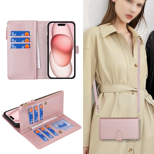 Jaorty Crossbody iPhone 15 Case with Strap Lanyard,for Apple iPhone 15 Phone Wallet Case for Women with Card Holder,Zipper Pocket Magnetic Flip Leather iPhone 15 Case with wallet,6.1