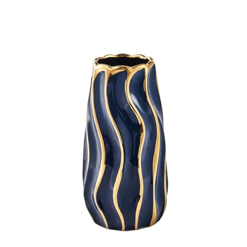 OTARTU Ceramic Vase for Home Decor,Decorative Flower Vase, Vertical Stripe Ceramic Vases for Home Décor, Bedroom, Office, Living Room, Bathroom, Tabletop Decor, Centerpiece Table Decorations (Blue)