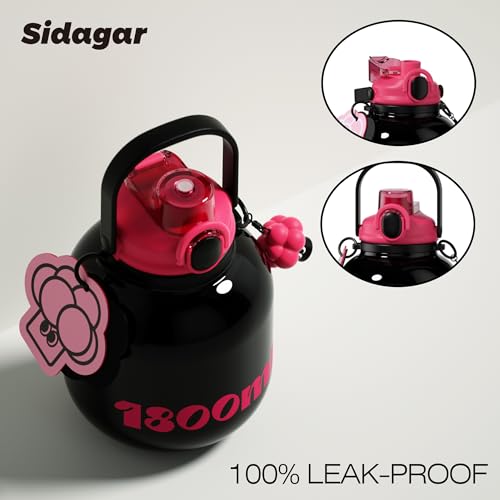 Sidagar 60 oz Big Gallon Water Bottle with Straw and Carry Handle, Black Wide Mouth Vacuum Water Jug, Insulated Stainless Steel Bottles; Heavy-Duty Aesthetic Yoga Flask for Women, Sweet & Cool Black