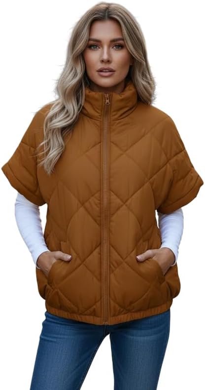 Women's Puffer Vest Short Sleeves Quilted Cropped Jackets Casual Lightweight Zip Up Warm Coat with Pockets