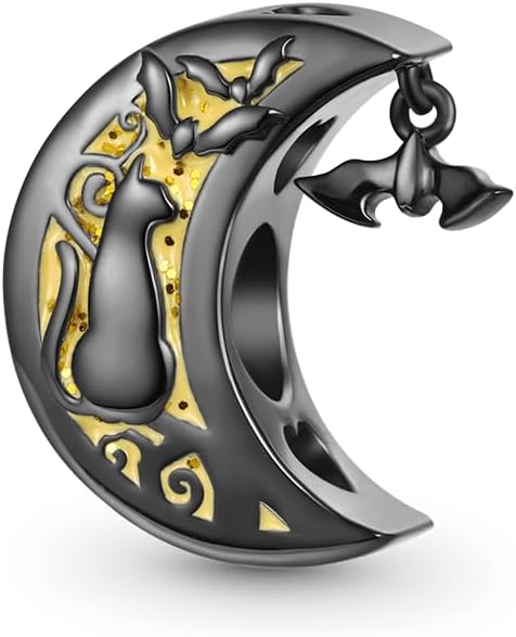 GNOCE Halloween Cat Moon Charm Sterling Silver Bead Halloween Charm Fit Bracelet/Necklace for Women Wife/Jewelry Gift