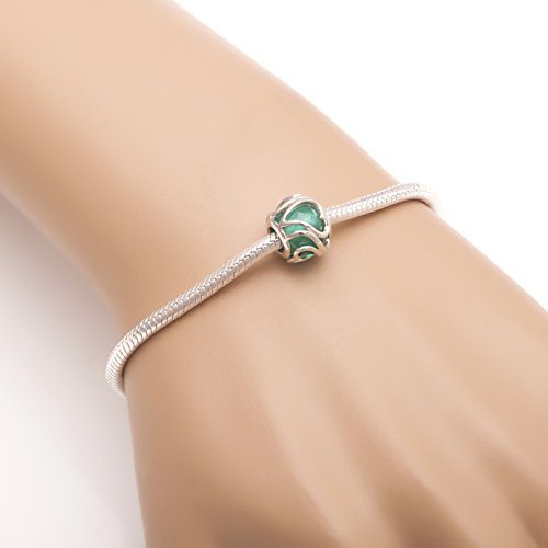 Radiant Heart Glass Charm 925 Sterling Silver Birthstone Love Valentines Charm For Pandora 3Mm Snake Chain Bracelet (Green) #TOP3