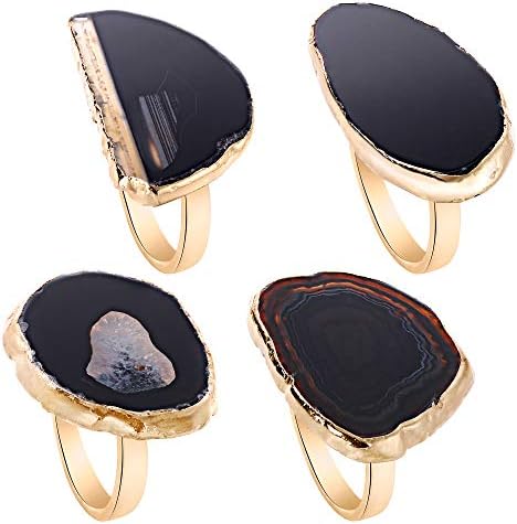 Gold Napkin Rings Set of 4 Natural Agate Slice Christmas Napkin Ring Dinner Table Decor for Parties Wedding Holidays Thanksgiving Geode Decor (Black)…