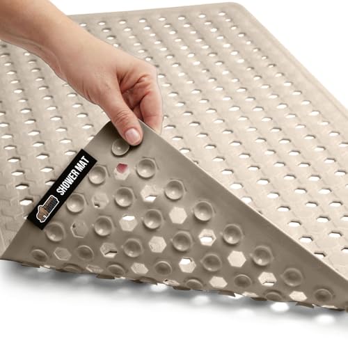 GORILLA GRIP Patented Bath Tub Shower Mat, Machine Washable Bathtub Floor Liner Mats, Suction Cups and Drain Holes to Keep Tubs Clean, Soft on Feet, Bathroom Essentials, 35×16 Inch, Beige