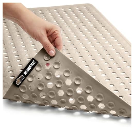 Gorilla Grip Original Patented Bath, Shower, Tub Mat, 35x16, Washable, Antibacterial, BPA, Latex, Phthalate Free, Bathtub Mats with Drain Holes, Suction Cups, XL Size Bathroom Mats, Beige Opaque