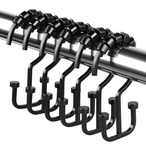 BBV Shower Curtain Hooks Rings, 12 Pcs Rust Resistant Metal Double Glide Shower Hooks for Bathroom Shower Rods Curtains(Black)