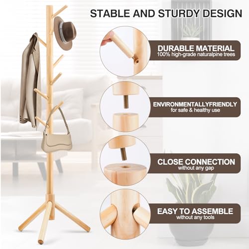 image for WANGMUXIA Coat Rack, Freestanding Coat Rack with 8 Hooks and 3 Adjusta