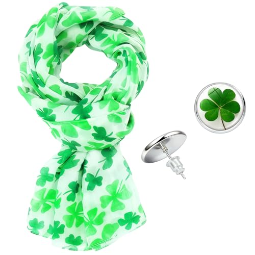 Nirecu St. Patricks Day Accessoire,Foulard Trèfle Irlandais +Boucles D'oreilles Trèfle,Deguisement de Jeux de Rôle pour Adaptés Carnaval,Noël, Fêtes,...