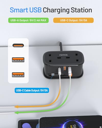 Travel Extension Lead, FDTEK 2 Way Power Strip with Retractable USB C Cable and 3 USB Slots, Small UK Extension Socket with 1.5M Cable for Travel Home Office Camping Cruise - Image 4