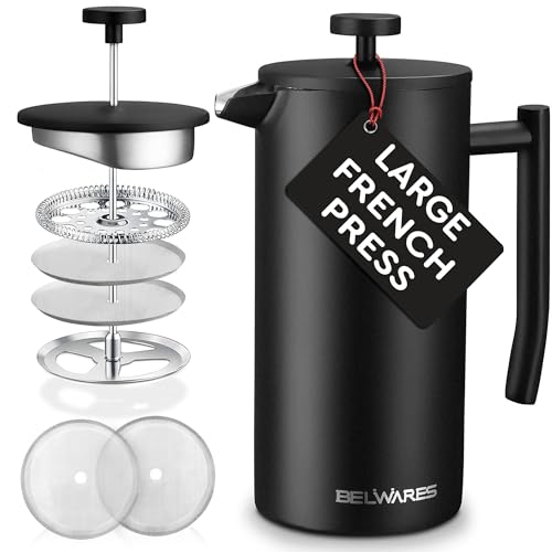 Comparison: Large French Press 6 Belwares French Press Coffee Maker 50 OZ - Large Insulated Stainless Steel 304 Coffee Press with Double Wall & 4-Level Filtration System (Black - 1.5L)