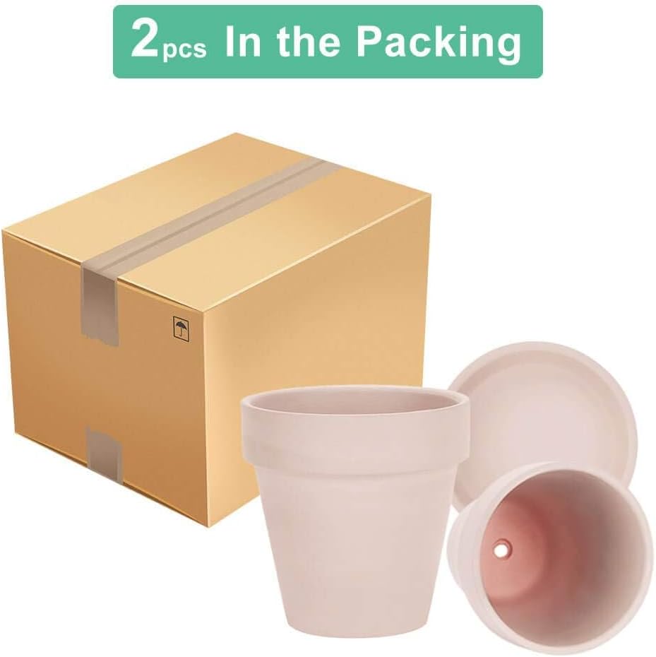 vensovo 8 Inch Pink Clay Pot for with Saucer - Large 2 Pcs Terra Cotta Plant Pot with Drainage Hole, Flower Pot with Tray, Terracotta Pot for Indoor Outdoor