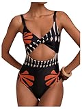 SOLY HUX Women's Printed Cut Out Twist Front One Piece Swimsuit V Neck Spaghetti Strap Bathing Suit Swimwear Black Printed Medium