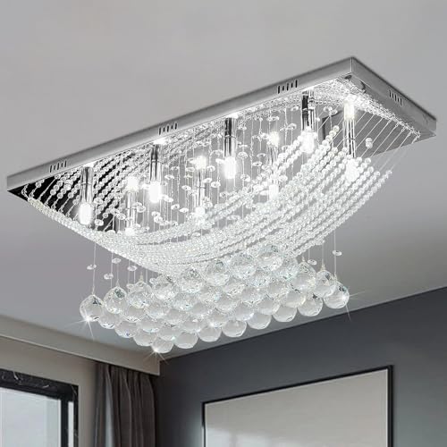 Crystal Chandelier Modern Chandelier Flush Mount Chandelier Silver Rectangle Crystal Raindrop Chandelier 8 Lights Ceiling Light Fixture Pendant Lamp for Kitchen Island Dining Room Closet Wedding Decor