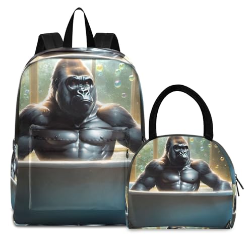 Backpack Lunch Box Set Large Capacity Travel Backpacks and Insulated Lunch Bag for Commute Hiking Picnic Gorilla Bathing Print