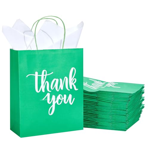 DjinnGlory 50 Pack Medium Size Teal Blue Paper Gift Bags with Handles 10x8x4 Inch and 50 White Tissue Paper for Small Business Wedding Bridal Baby Shower Birthday Party Favors Goodies