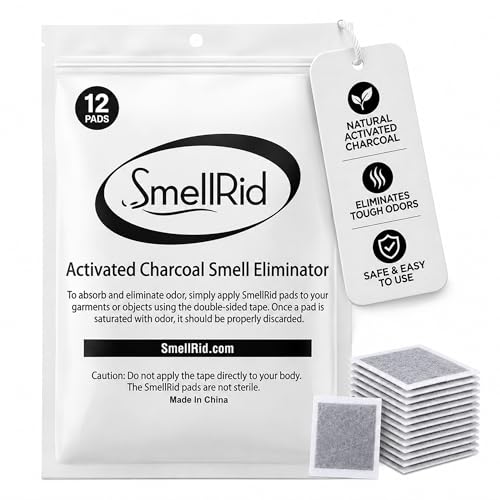SMELLRID Activated Charcoal Odor Absorber Pads – 12 Unscented Adhesive (4"x4") Charcoal Pads for Body Odor, Flatulence & Personal Care Environments – 100% Coconut Shell Carbon