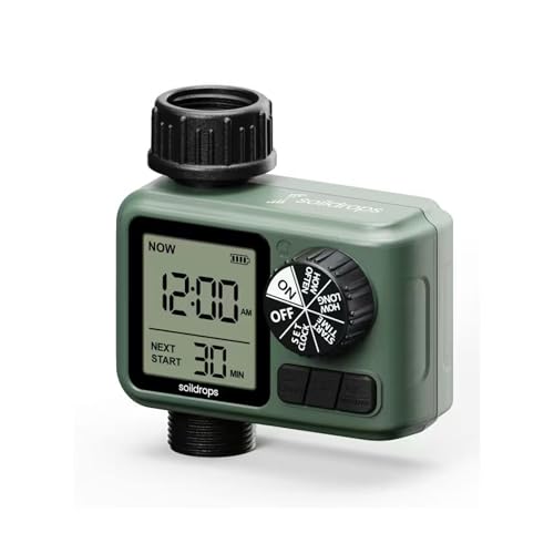 Soildrops Sprinkler Timer for Garden Hose, Programmable 1 or 2 Outlet Controller with Self-Cleaning Valve, 15-Day Frequency, Large Dial, Rain Delay & Auto-Off, IPX5