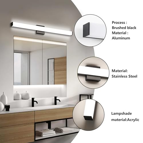 Image of Bathroom Vanity Light Brushed Nickel Square LED 24 inch 14W 4000K Natural White Light Wall Bar Lighting Fixtures Over Mirror (Matte Black, 31.5in 4000K Dimmable)
