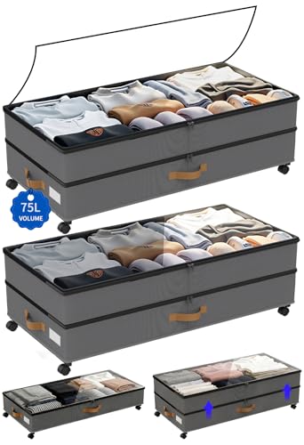 GOVEYONY Under Bed Storage with Wheels 2-Pack, 75L XXL Under the Bed Storage Containers Large, 12" Tall Adjustable Storage for Underbed with Lids, Rolling for Clothes, Shoes, Blankets (Grey)