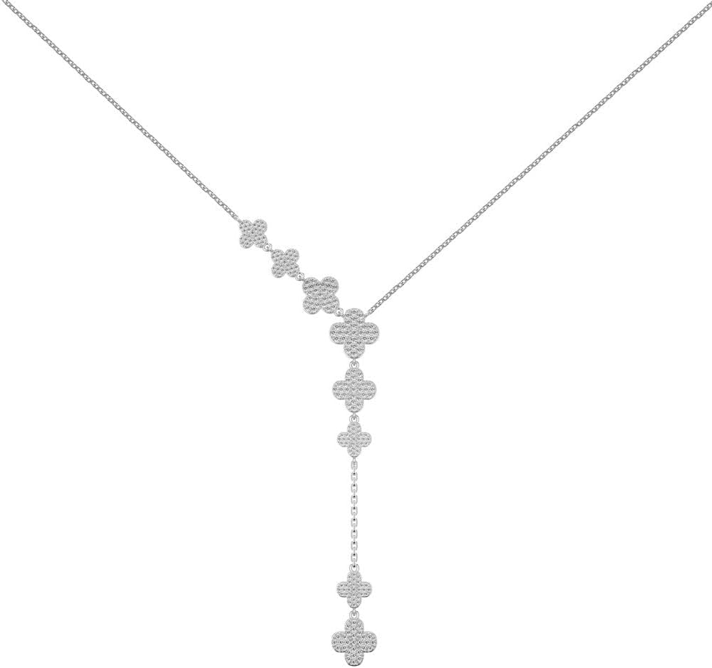 Moissanite Four Leaf Clover Necklace, 925 Sterling Silver with 18K Gold Plating, Lucky Charm Y-Lariat Design, Women's Jewelry Gift with Box