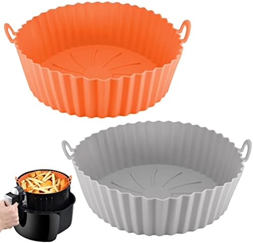 Anlige 2 Pack 8 Inch Air Fryer Silicone Liners, Silicone Air Fryer Basket, Pot Suitable for Insert 3 to 6 Qt Airfryer, Reusable Round Baking Tray Oven Accesories(Orange | Gray)