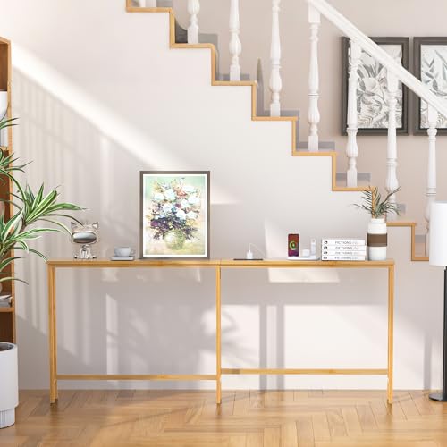 VASMIA 70.9 Inch Narrow Console Table with Outlet,Bamboo Behind Couch Sofa Table,Skinny Hallway Table for Entryway Living Room,Foyer,Natural by VASMIA - Used condition - Image 6