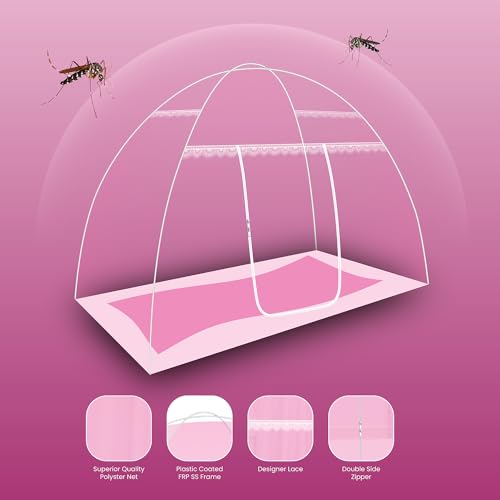 Image of Single Bed Mosquito Net Foldable, Lightweight Polyester 30GSM Strong Foldable Machardani (Pink Color, 3feet x 6feet)