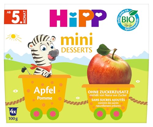 HiPP Bio Mini Dessert Apfel (6er Pack mit je 4 x 100g), ab 5. Monat, in praktischen Bechern, ohne Zuckerzusatz, in bester Bio-Qualität