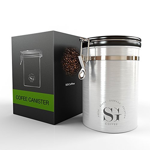 Stainless Steel Coffee Canister - CO2 Escape One-Way Valve - 16OZ Airtight Coffee Container - Free eBook & Scoop