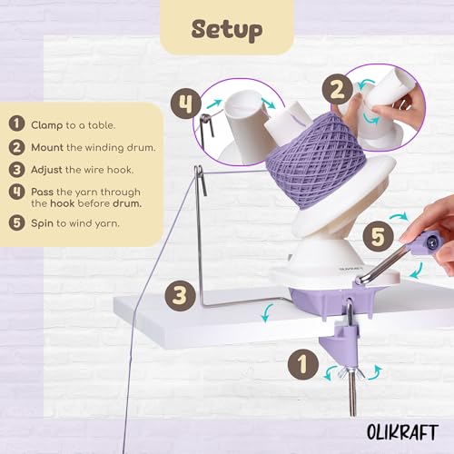 Image of Olikraft Manual Yarn Winder | Yarn Ball Winder, Roller, Baller Crochet Spinner for Crocheting | Clamp for 1 3 /4 inch Surfaces | Create Cakes up to 4oz (Lavender)