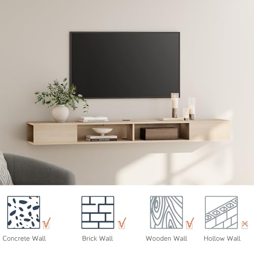 WAMPAT 70 inch Floating Entertainment Center for Storage, TV Shelf for Wall, Media Console for Living Room, Oak