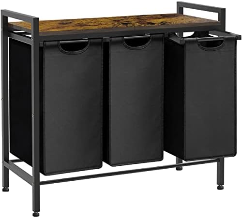Mocomax Large Laundry Hamper Sorter with 3 Pull-Out & Removable Sorting Bags, Wooden Top Shelf, Versatile Laundry Basket Organizer for Laundry Room, Bathroom, Dorm, 8 * 3 Gal, Black