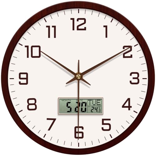 Image of STAR WORK Silent Non-Ticking Wall Clock 12 inch Inch Analog Clock & LCD Display | Calendar Date, Day, Temperature, Operated Decorative Clock for Living Room, Kitchen, Bedroom,Office (White Brown Digital)