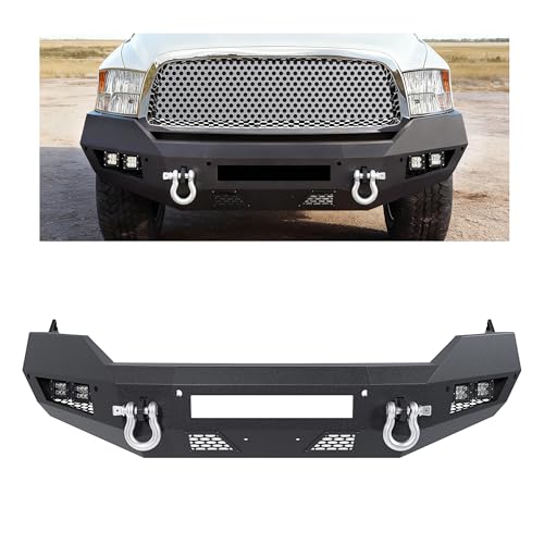ALMULOO Front Bumper Compatible with 2013-2023 Dodge Ram 1500 Classic 2WD 4WD W/4 x LED Lights + 2 x D-rings Steel Powder Coated Black (2 Packages)
