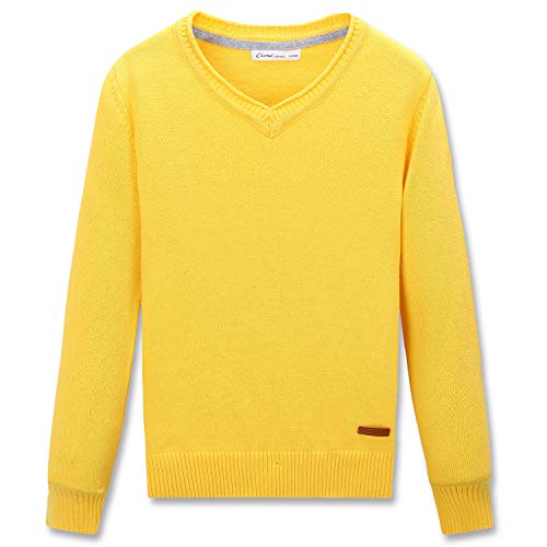 CUNYI Boys Long Sleeve V-Neck Cotton Pullover Knit Sweater, Gold Yellow, 120