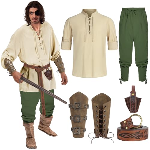 Geplaimir Disfraz renacentista medieval para hombre, camisa victoriana, pirata, steampunk, cosplay, camisa con cordones, top con accesorios, pantalones vikingos, hombres, brazos, piel sintética,