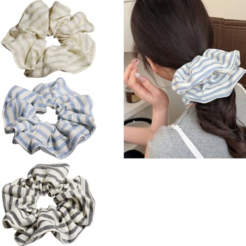 Jseng 3PCS Large Stripe Scrunchies for Hair, Sweet Hair Ties, Beige, Blue and Gray